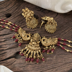 Red Bead Gold Look Alike Temple High Neck Choker-Ganesh Choker -G10399