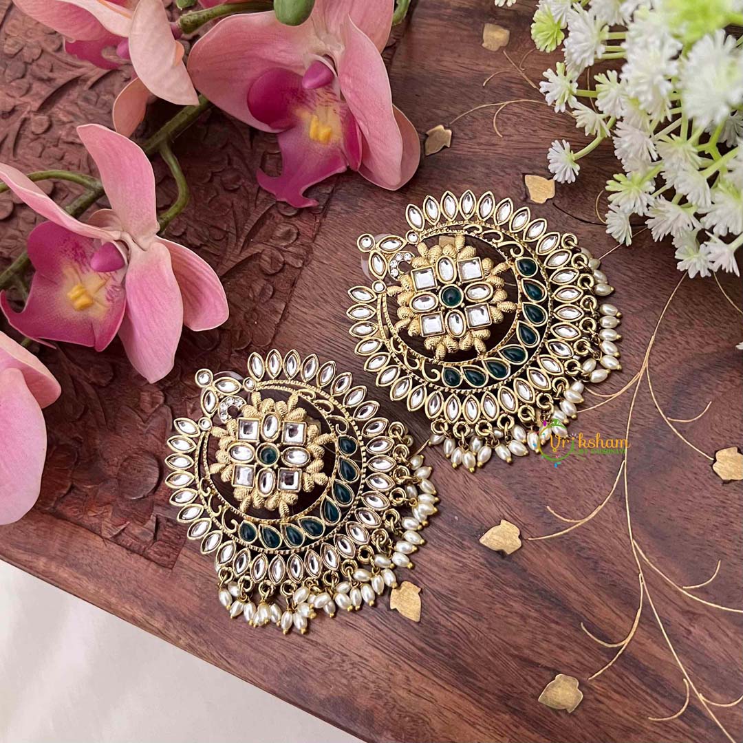 Vriksham Navratri Style Green & White Kundan Chandbali Earrings With Rice Pearl Drops Festive Wear Earrings-G20151