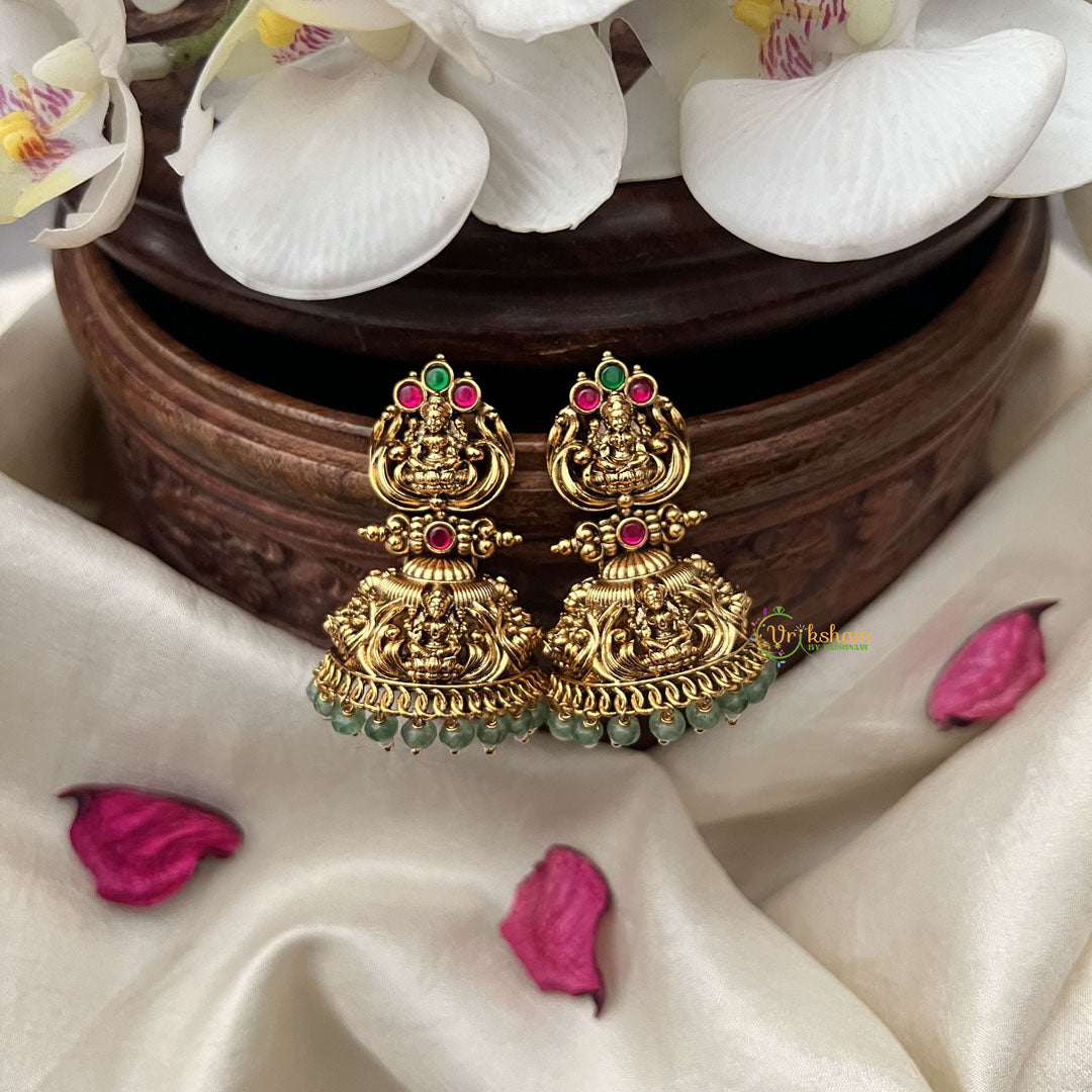 Vriksham Gold Look Alike Lakshmi Jhumka-Red Green-Pastel Green Bead-G18252