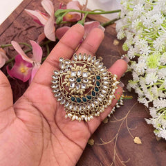 Vriksham Navratri Style Green & White Kundan Chandbali Earrings With Rice Pearl Drops Festive Wear Earrings-G20151