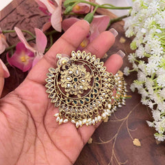 Vriksham Navratri Style Green & White Kundan Chandbali Earrings With Rice Pearl Drops Festive Wear Earrings-G20151