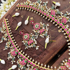 Vriksham Antique Floral Gold With Mango Motifs & Pearl Kundan Jadau Guttapusalu Long Neckpiece-Green Bead & Rice Pearls-J4107