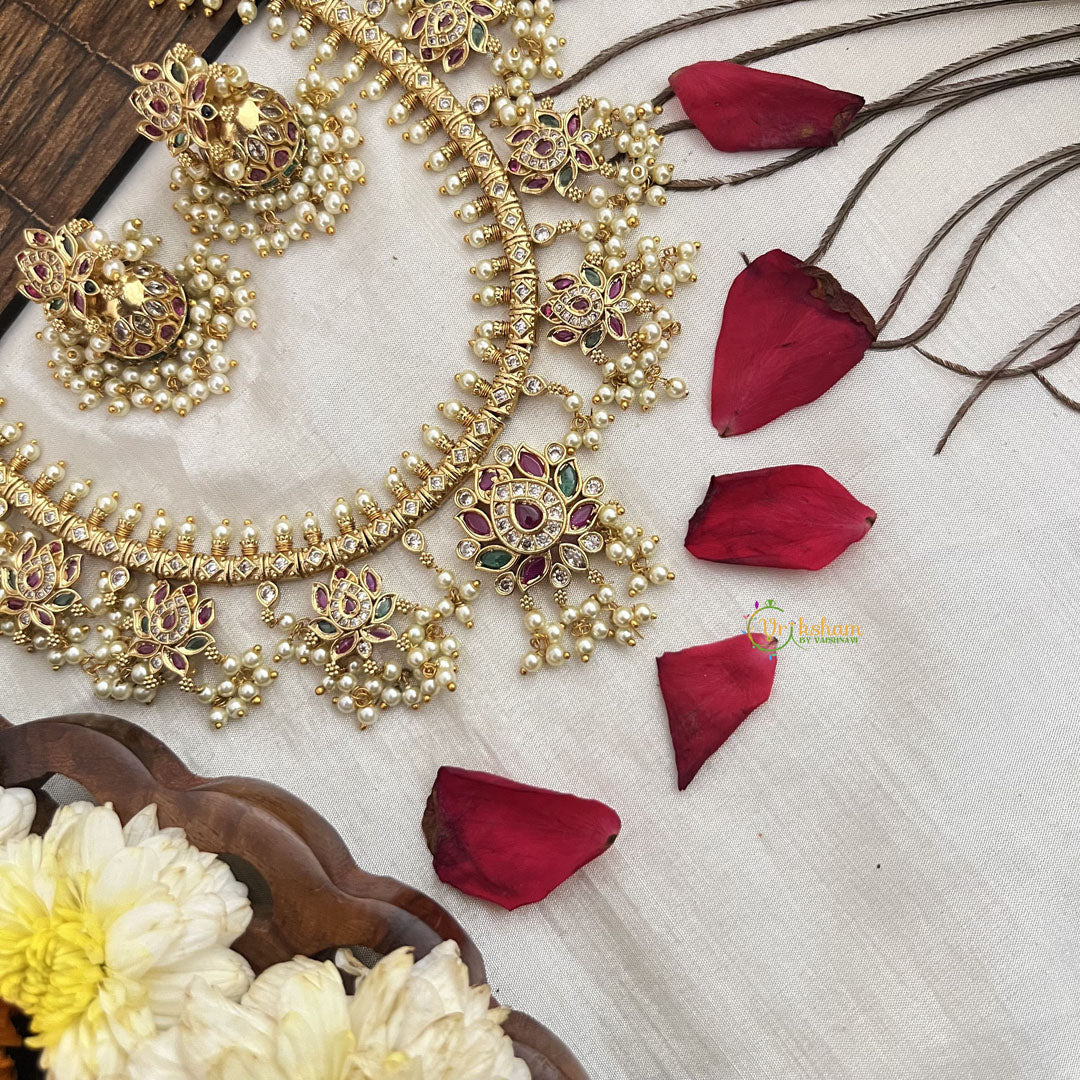 Vriksham Designer Lotus Style With Diya Shape Short Neckpiece-Pearl-G19111