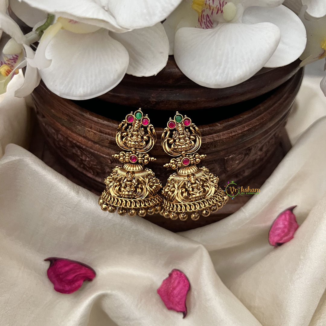 Vriksham Gold Look Alike Lakshmi Jhumka-Red Green-Gold Bead-G18251