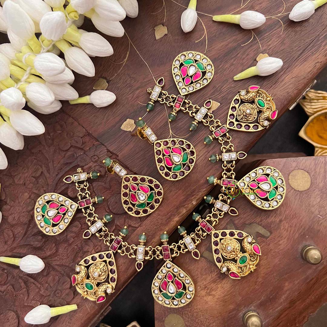 Vriksham Classic Pear Drop Style Guttapusalu Choker Short Neckpiece-Red Green & White-G21537