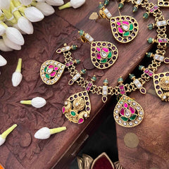 Vriksham Classic Pear Drop Style Guttapusalu Choker Short Neckpiece-Red Green & White-G21537