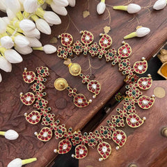 Vriksham Elegant Manga Reversible Kundan Jadau Short Neckpiece-Red Green & White-Green Bead-J4118