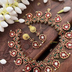 Vriksham Elegant Manga Reversible Kundan Jadau Short Neckpiece-Red Green & White-Green Bead-J4118