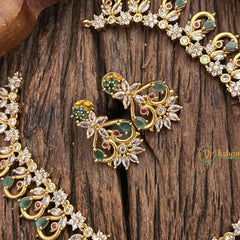 Vriksham Exquisite Floral Peacock AD Stone Short Neckpiece-White Green-G17931