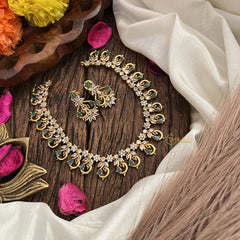 Vriksham Exquisite Floral Peacock AD Stone Short Neckpiece-White Green-G17931