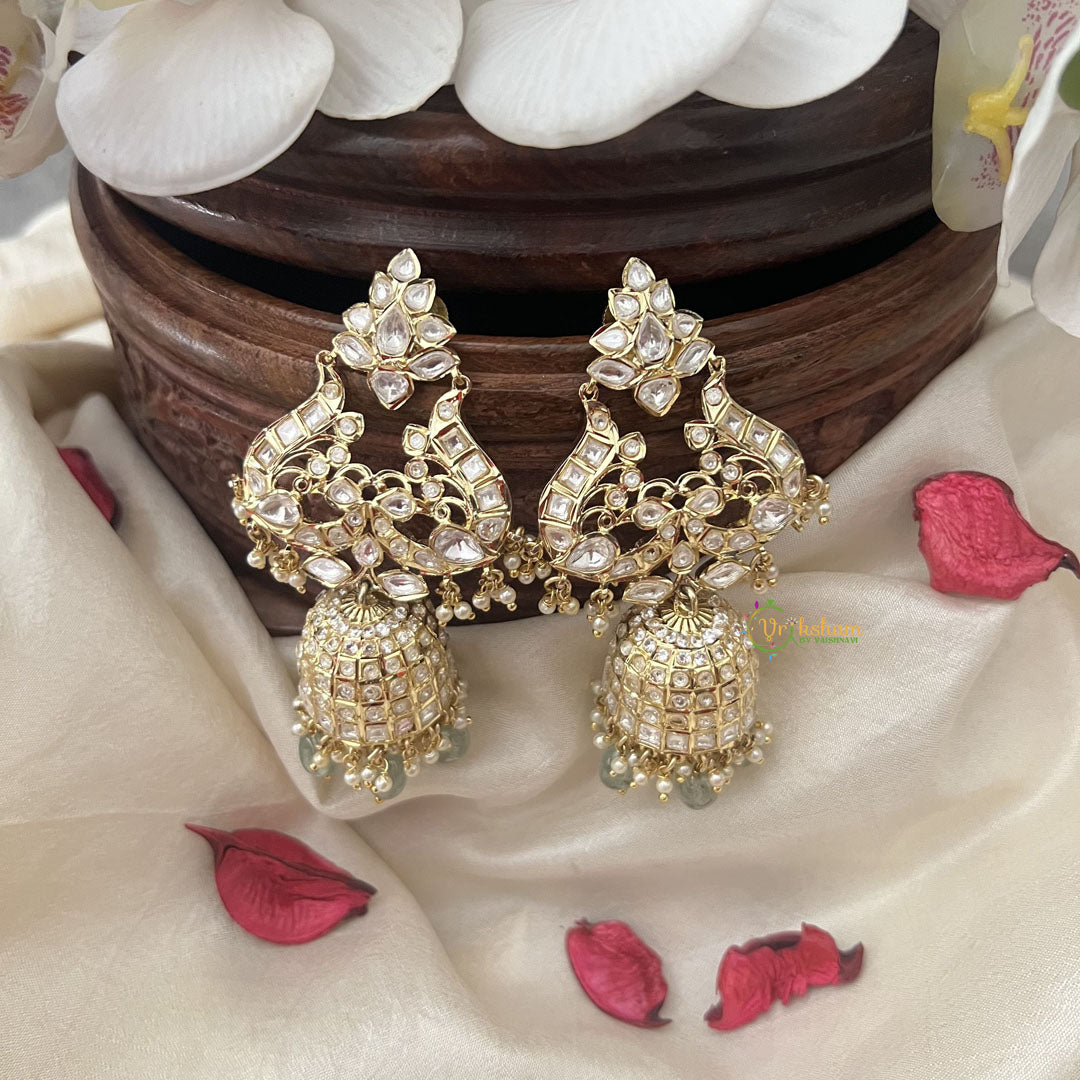 Vriksham Unique Dual Peacock Jhumka-White-Pastel Green Bead-G18274