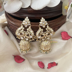 Vriksham Unique Dual Peacock Jhumka-White-Pastel Green Bead-G18274