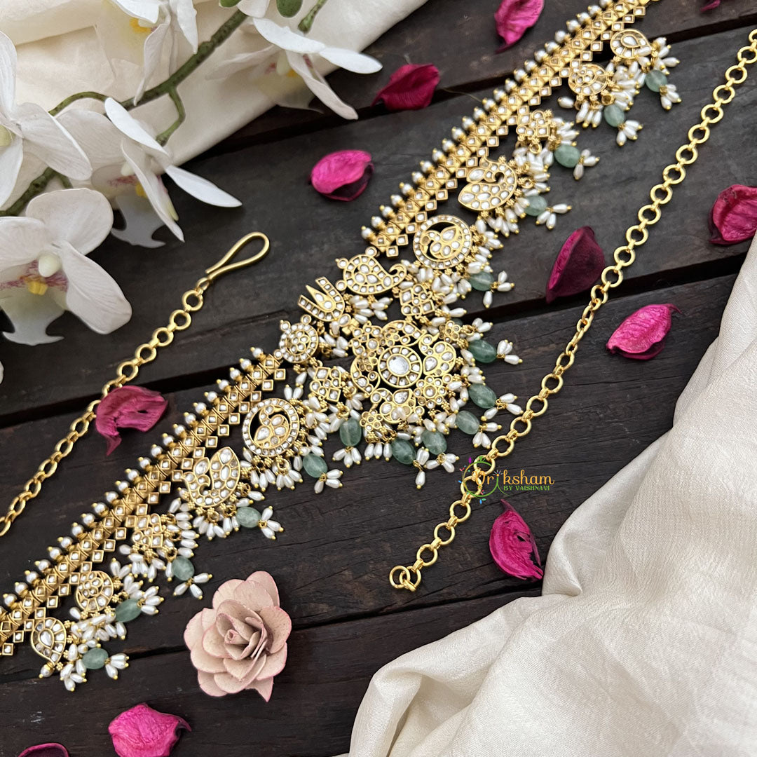 Vriksham Exquisite Guttapusalu Hipchain-White-Pastel Green Beads-G20093