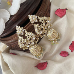 Vriksham Unique Dual Peacock Jhumka-White-Pastel Green Bead-G18274