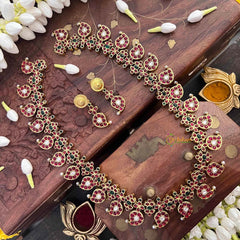 Vriksham  Elegant Manga Reversible Kundan Jadau Long Neckpiece-Red Green & White-Green Bead-J4119