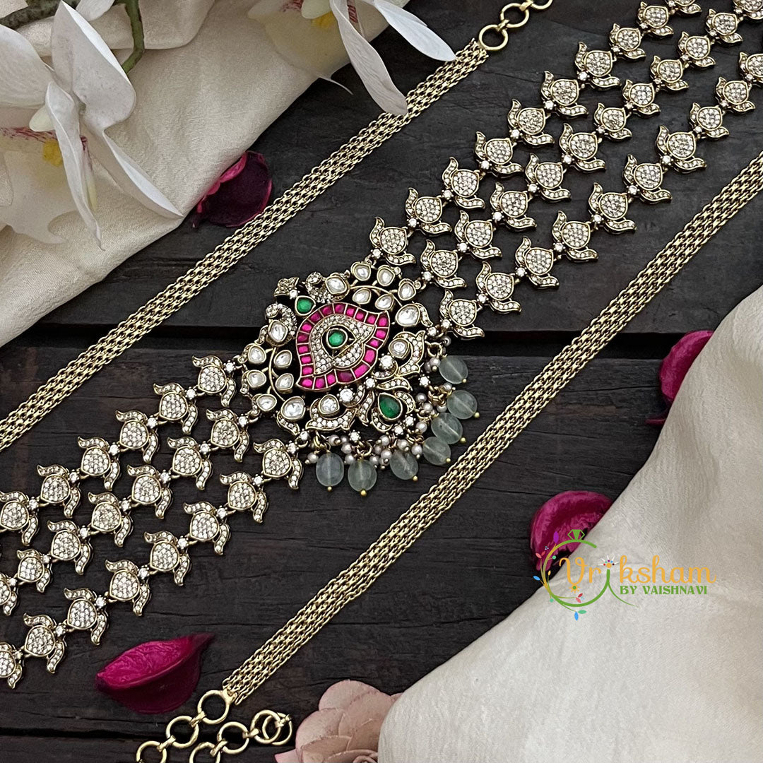 Vriksham Premium Diamond 3 Layer Floral Design Hipchain-Pastel Green Beads-G20095