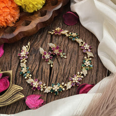 Vriksham Antique Floral AD Stone Short Neckpiece-Red Green-G17933