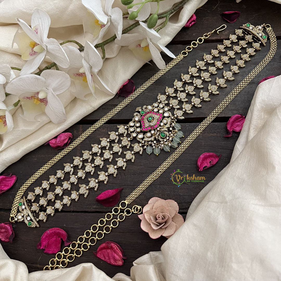 Vriksham Premium Diamond 3 Layer Floral Design Hipchain-Pastel Green Beads-G20095