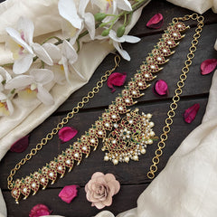 Vriksham Dual Peacock Pendant With Maanga Hipchain-White Bead & Pearls-G20092