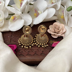 Vriksham Gold Look Alike Designer Lakshmi Jhumka-Red-Gold Bead-G18277