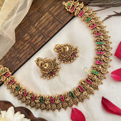 Vriksham Antique Lakshmi With Floral Coin Short Neckpiece-Red Green-G19172
