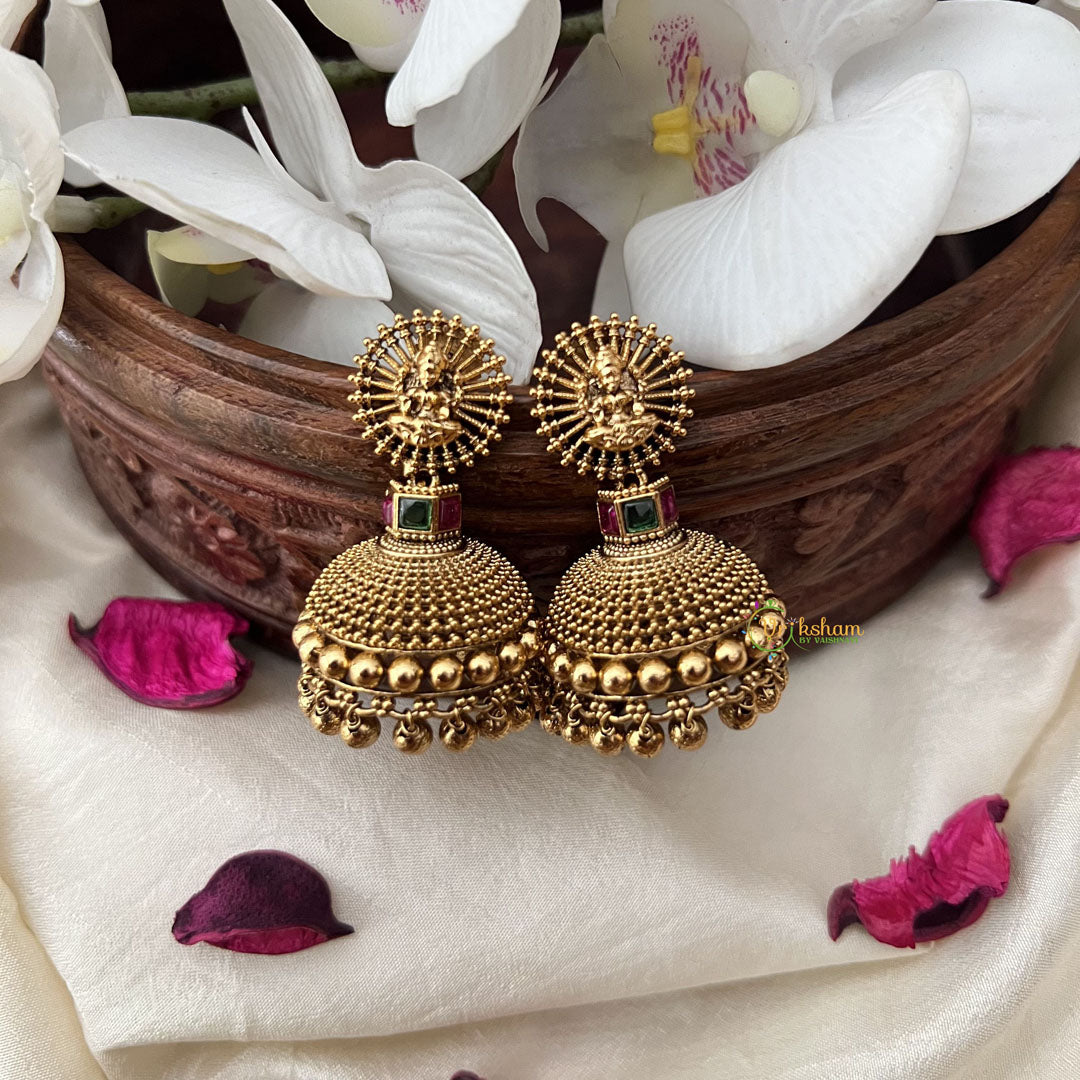 Vriksham Gold Look Alike Designer Lakshmi Jhumka-Red Green-Gold Bead-G18276
