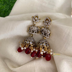 Fancy Haathi Victorian Diamond Jhumkas-Red-Pearls & Beads-VV1288