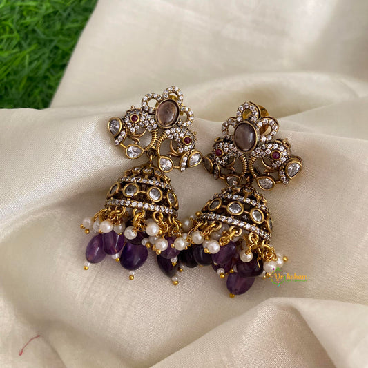 Dual Peacock Victorian Diamond Jhumkas-Purple-Pearls & Beads-VV1264