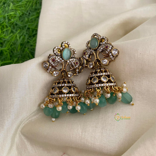 Dual Peacock Victorian Diamond Jhumkas-Aqua Green-Pearls & Beads-VV1261