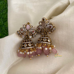 Dual Peacock Victorian Diamond Jhumkas-Pastel Pink-Pearls & Beads-VV1262