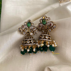 Dual Peacock Victorian Diamond Jhumkas-Green-Pearls & Beads-VV1263