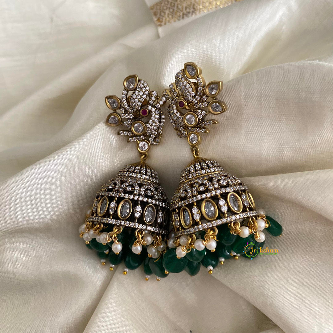 Elegant Green Victorian Diamond Jhumkas-Pearls & Beads-VV1265