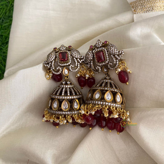 Elegant Maroon Victorian Diamond Jhumkas-Pearls & Beads-VV1253