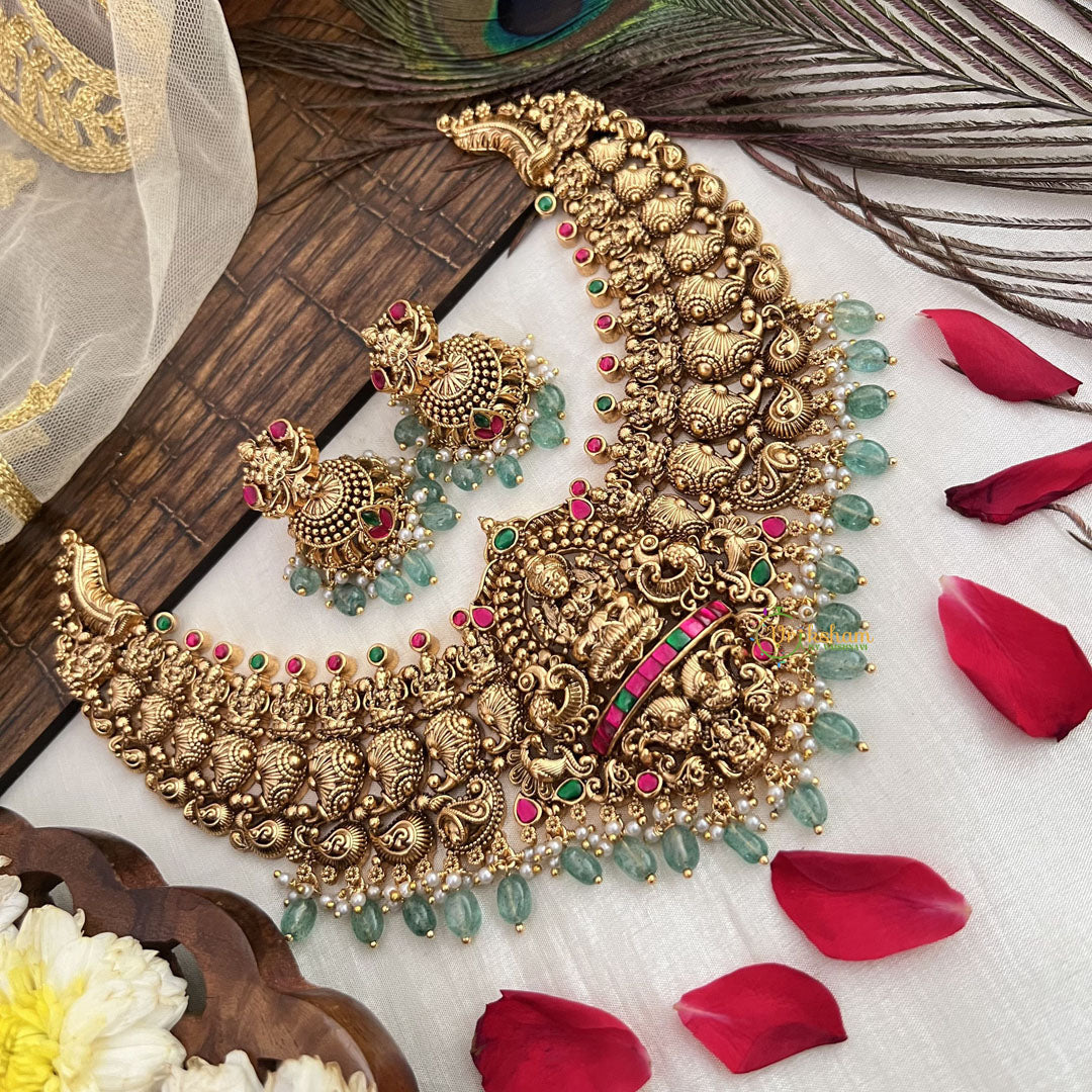 Vriksham Designer Lakshmi With Peacock Style Neckpiece-Green Red-Green Bead-G19097