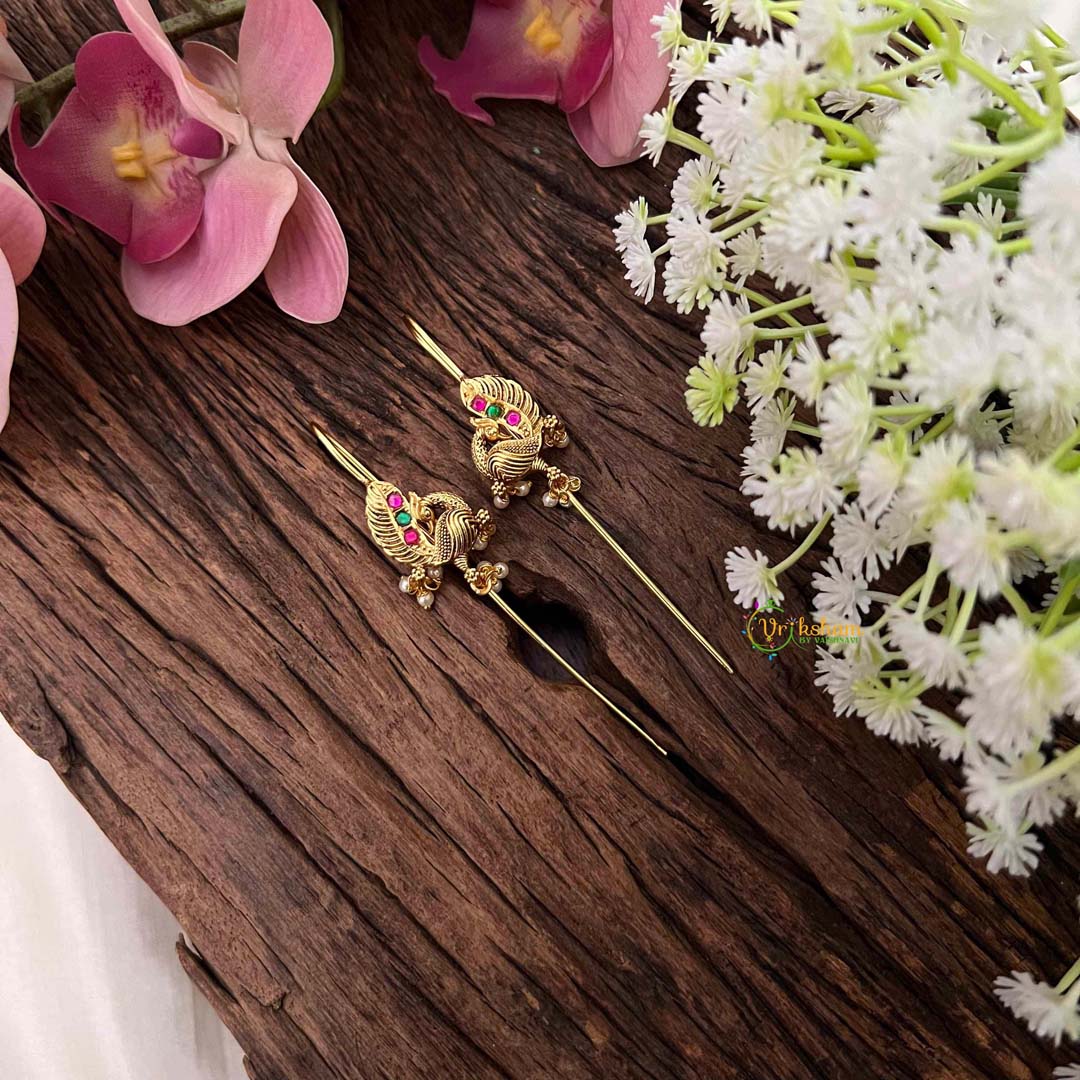 Vriksham Traditional Gold-Plated Peacock Red Green Stones and Pearl Bugadi Style Earrings-G22127