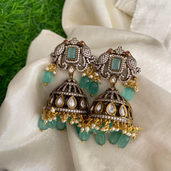 Elegant Aqua Green Victorian Diamond Jhumkas-Pearls & Beads-VV1254