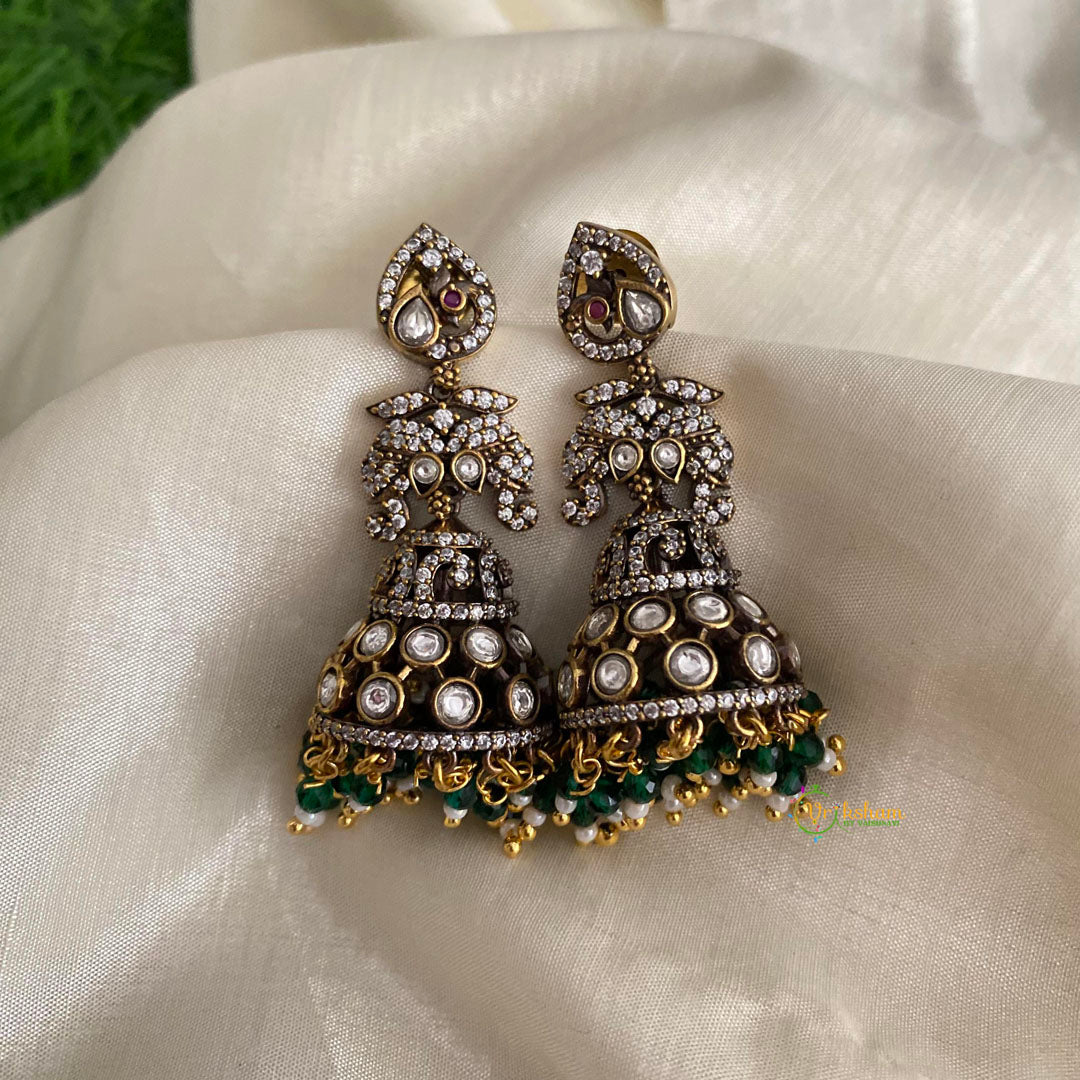 Designer Victorian Diamond Jhumkas-White Green Pearls-VV1281