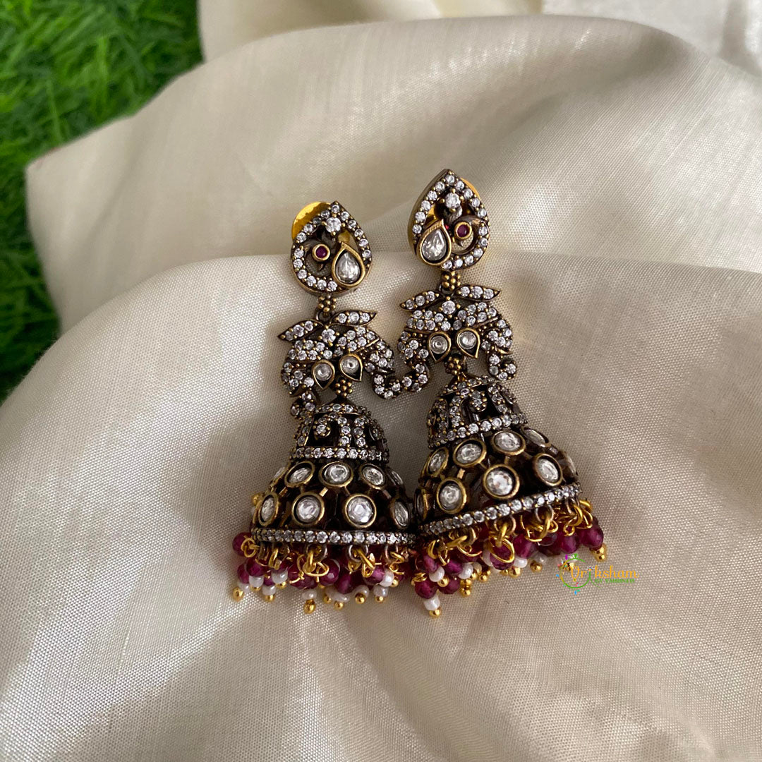 Designer Victorian Diamond Jhumkas-White Purple Pearls-VV1282