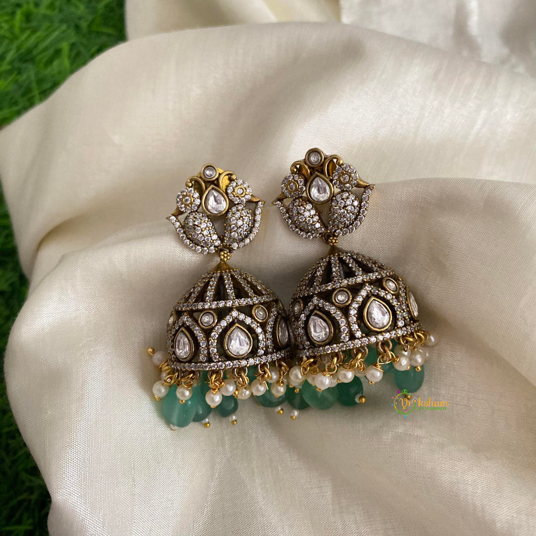 Trendy Aqua Green Dual Parrot Victorian Diamond Jhumkas-Pearls & Beads-VV1280