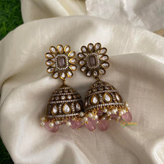 Floral Pastel Pink Victorian Diamond Jhumkas-Pearls & Beads-VV1283