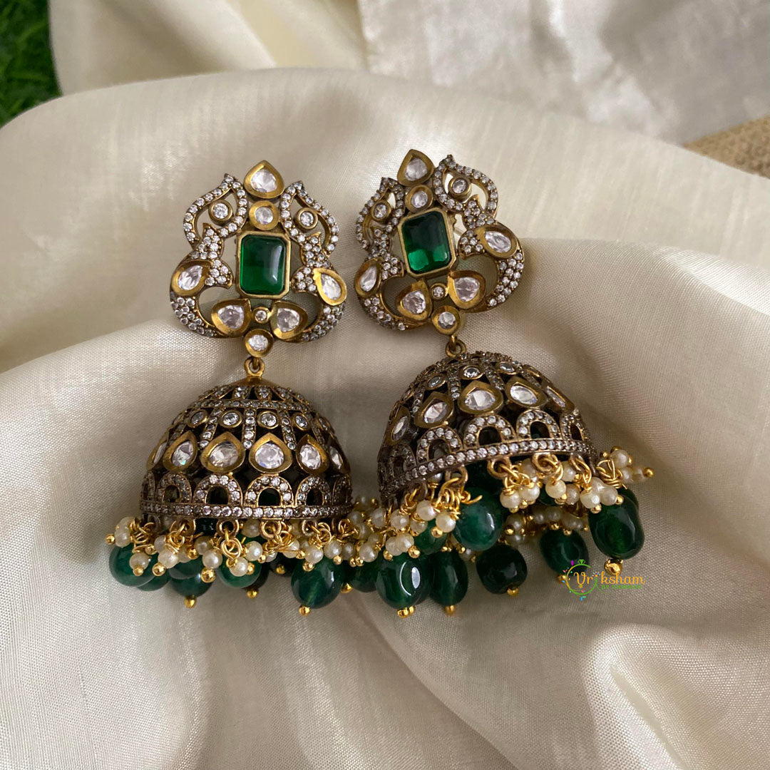 Premium Victorian Diamond Jhumkas-Green-Pearls-VV1307