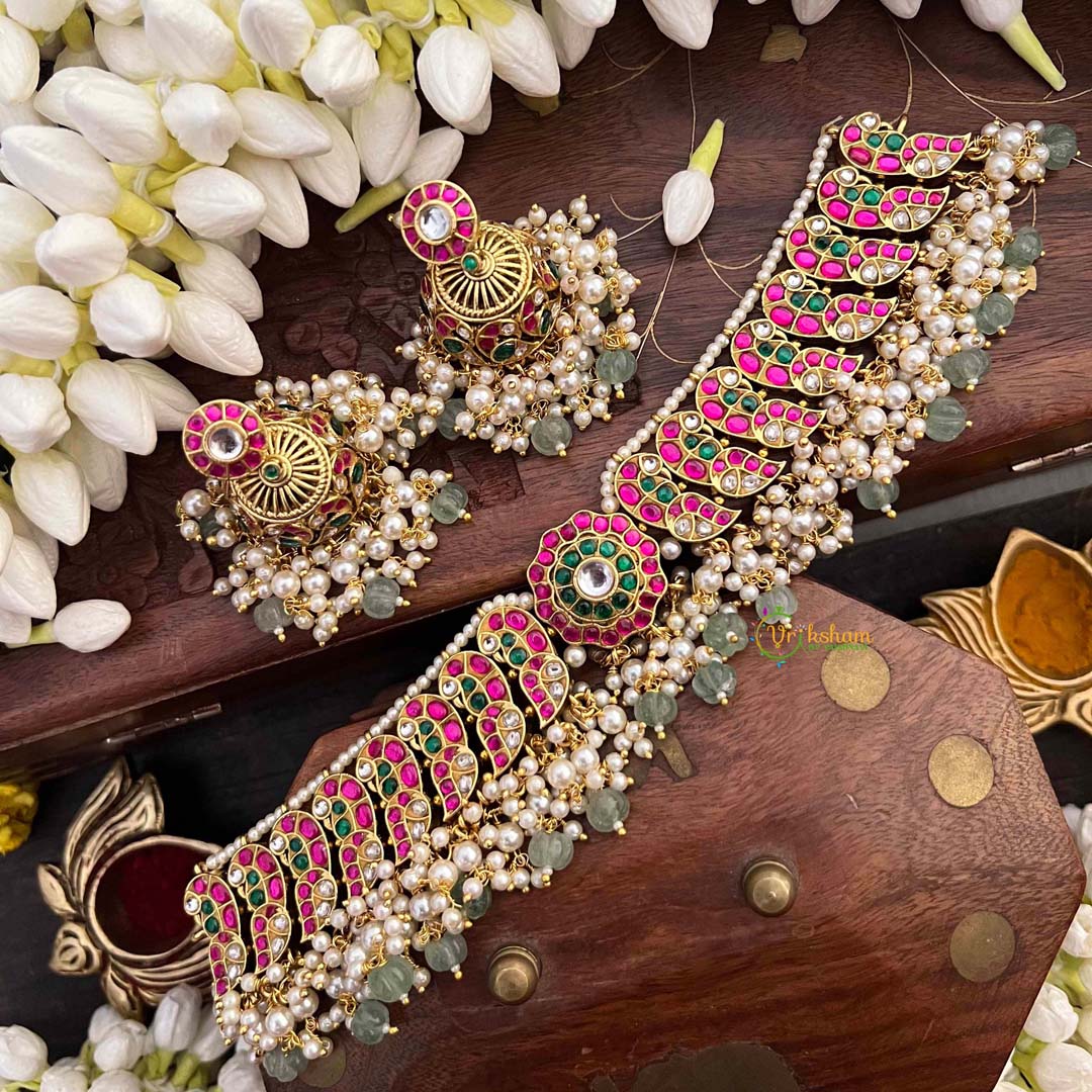 Vriksham Bridal Peacock Motif Cluster Choker Kundan Jadau Short Neckpiece-Red Green & White-Green Bead & Pearls-J4117