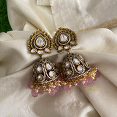 Premium Victorian Diamond Jhumkas-Pastel Pink-Pearls-VV1308