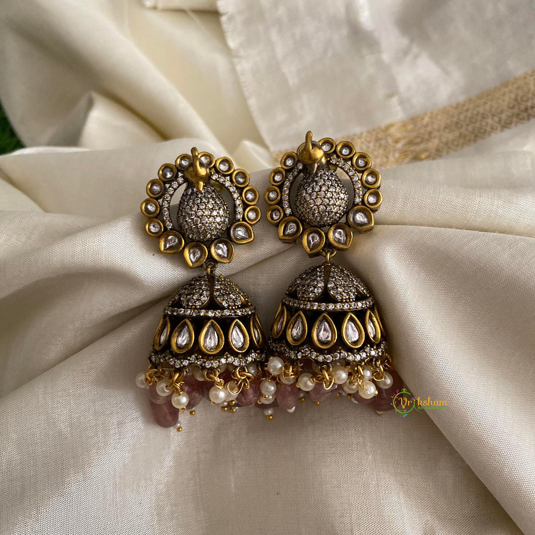 Elegant Onion Pink Peacock Victorian Diamond Jhumkas-Pearls & Beads-VV1284