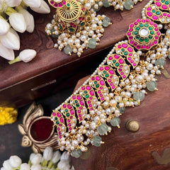 Vriksham Bridal Peacock Motif Cluster Choker Kundan Jadau Short Neckpiece-Red Green & White-Green Bead & Pearls-J4117