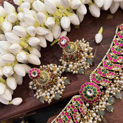 Vriksham Bridal Peacock Motif Cluster Choker Kundan Jadau Short Neckpiece-Red Green & White-Green Bead & Pearls-J4117