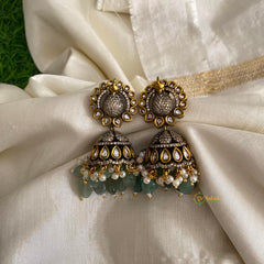 Elegant Aqua Green Peacock Victorian Diamond Jhumkas-Pearls & Beads-VV1285