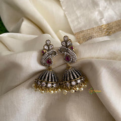 Elegant Peacock Victorian Diamond Jhumkas-Red-Pearls-VV1293