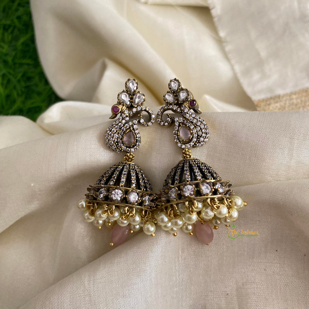 Elegant Peacock Victorian Diamond Jhumkas-Pastel Pink-Pearls-VV1292