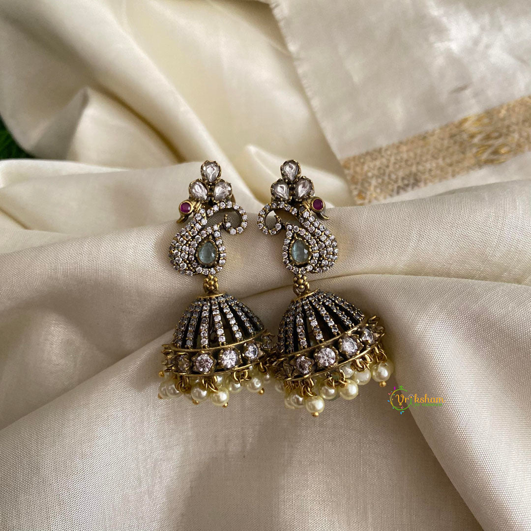 Elegant Peacock Victorian Diamond Jhumkas-Aqua Green-Pearls-VV1291